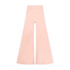 Anointed Garments light pink high-rise flared yoga pants with white piping detail in a soft polyamide blend fabric.