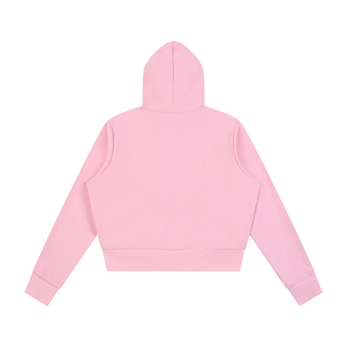 Back view of a pink Anointed Garments fleece full zip hoodie with a cropped fit, hood, and ribbed cuffs.