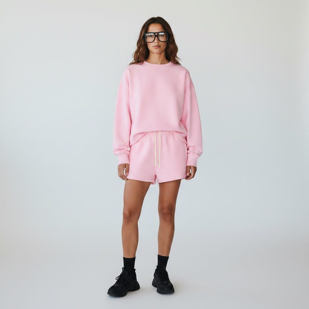 Model wearing Anointed Garments pink fleece lounge shorts with matching sweatshirt, drawstring waist, and side pockets.