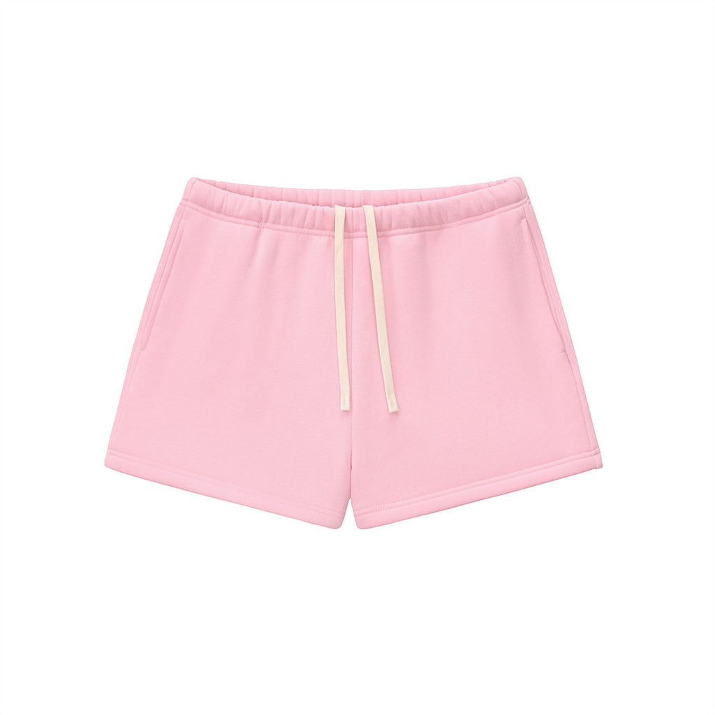 Anointed Garments pink fleece lounge shorts for women with an elasticated waistband and contrasting drawstring.