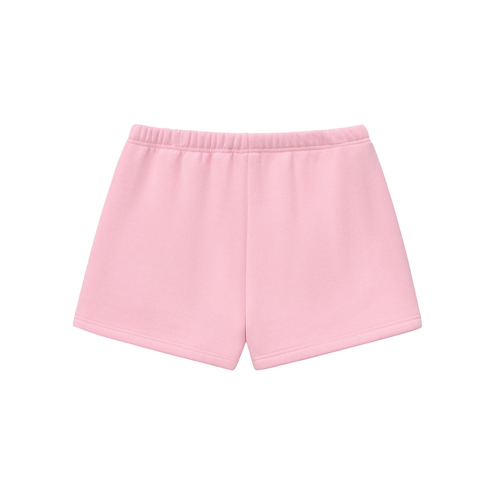 Anointed Garments Essential fleece lounge shorts in light pink with an elasticated waistband, back view.