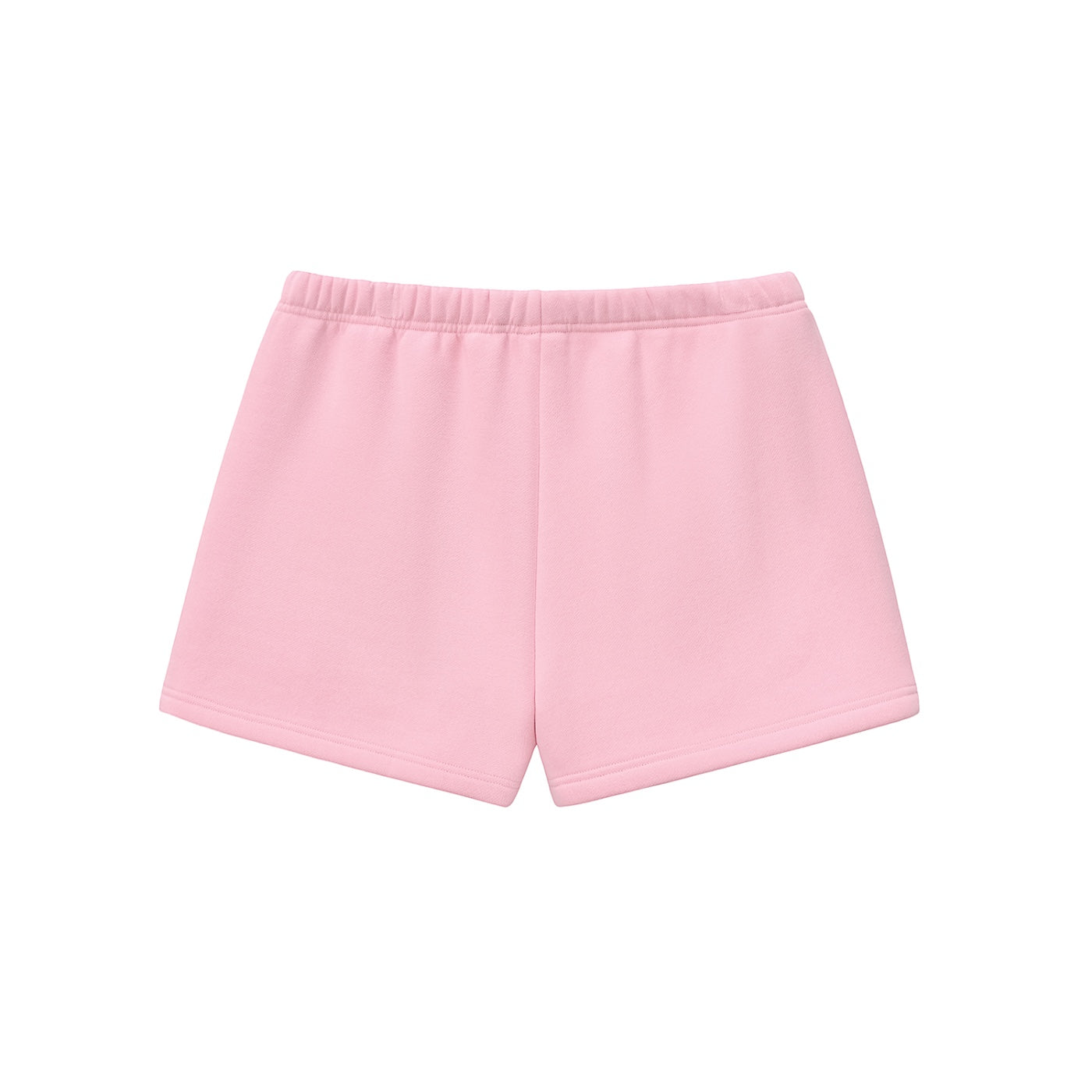 Anointed Garments Essential fleece lounge shorts in light pink with an elasticated waistband, back view.