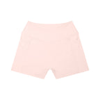 Anointed Garments light pink high-waisted yoga shorts with side pockets and a crossover waistband design.