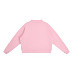 Anointed Garments pink oversized mock-neck sweatshirt with drop shoulders and ribbed cuffs, back view.
