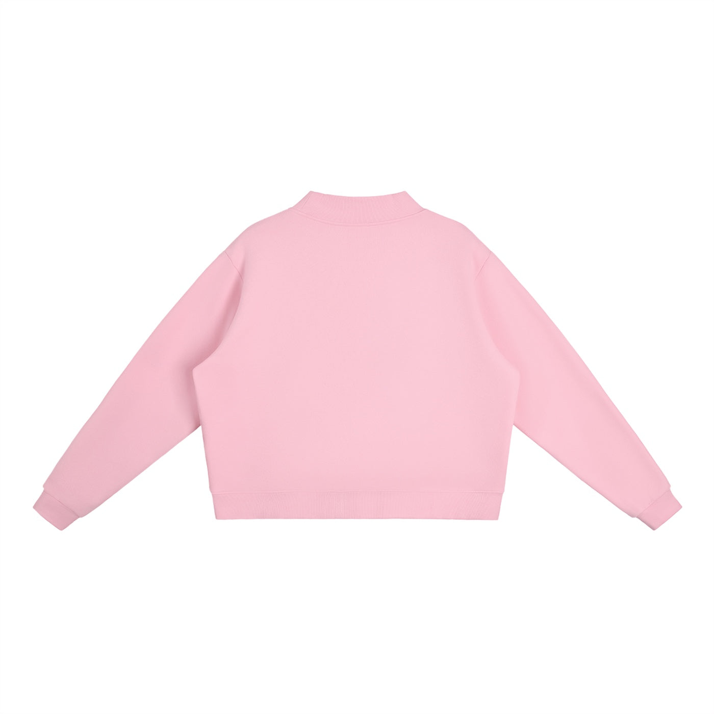 Anointed Garments pink oversized mock-neck sweatshirt with drop shoulders and ribbed cuffs, back view.