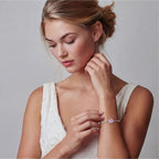 Anointed Garments Blush Dreams bracelet featuring a pink moissanite cushion centerpiece in 925 sterling silver on model