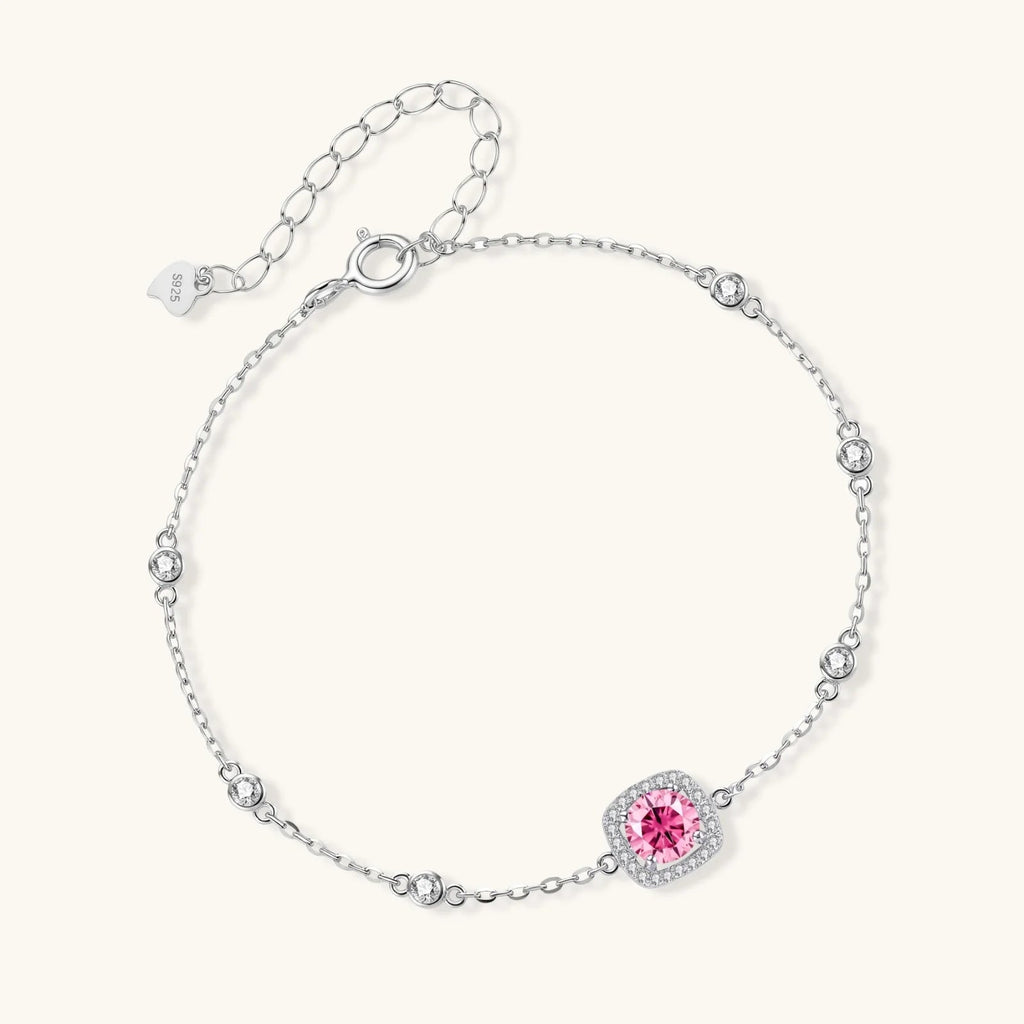 Anointed Garments Blush Dreams bracelet in 925 sterling silver with a pink moissanite cushion halo and bezel accents.