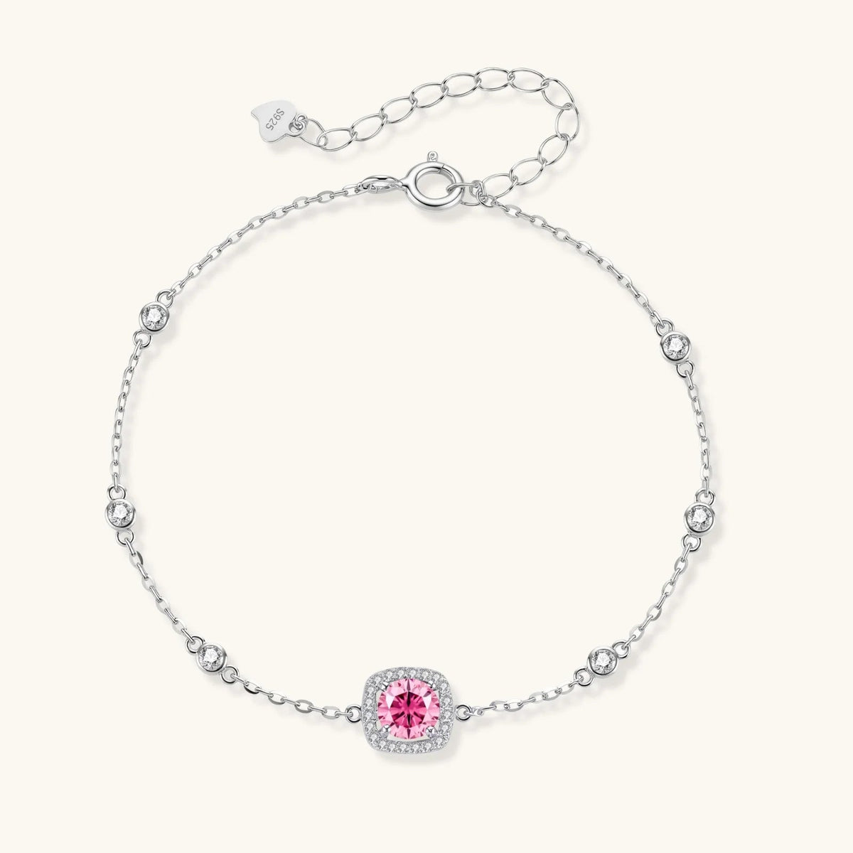 Anointed Garments adjustable bracelet featuring a round pink moissanite stone in platinum-plated 925 sterling silver.