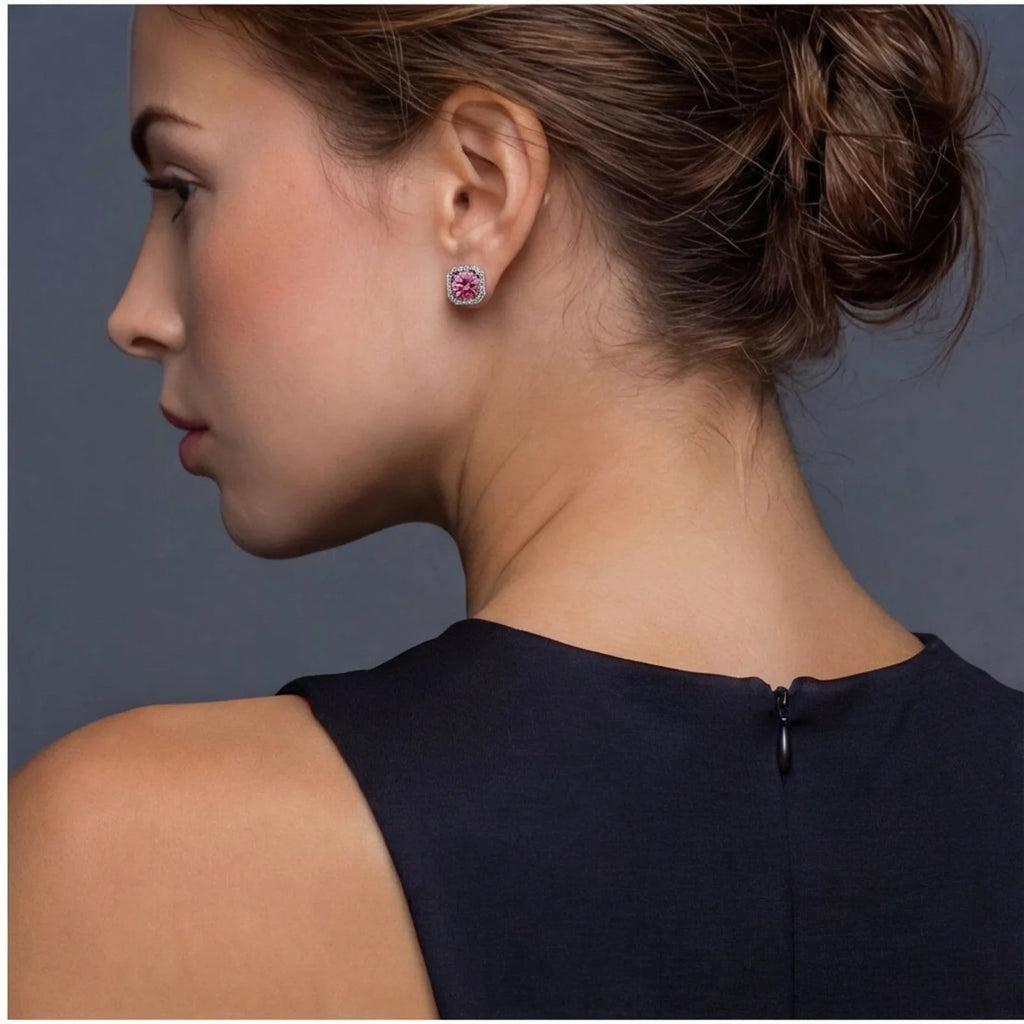 Anointed Garments Blush Dreams moissanite stud earring in pink with a platinum-plated sterling silver halo setting.