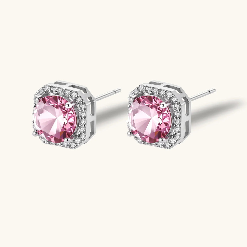 Anointed Garments round pink moissanite stud earrings in platinum-plated 925 sterling silver with a sparkling halo.