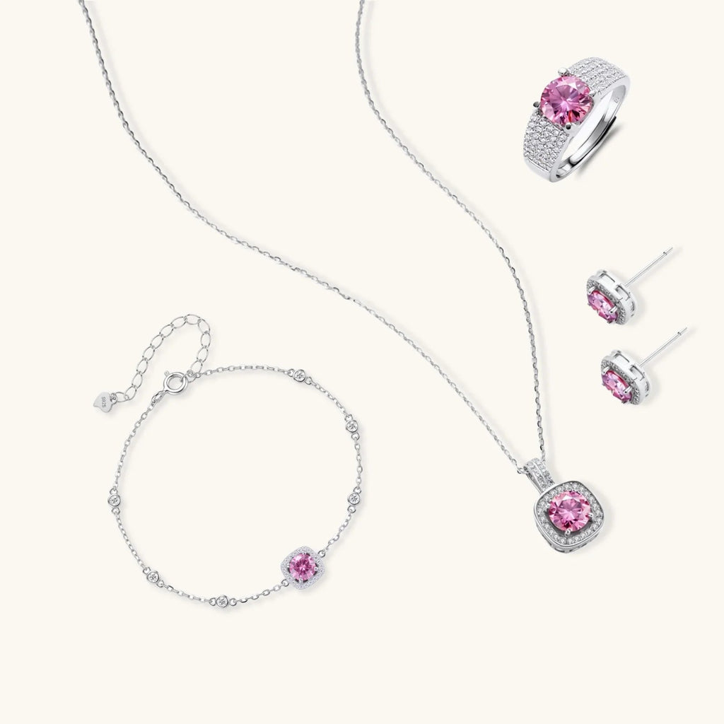 Anointed Garments Blush Dreams four-piece jewelry set featuring pink moissanite stones set in platinum-plated silver.