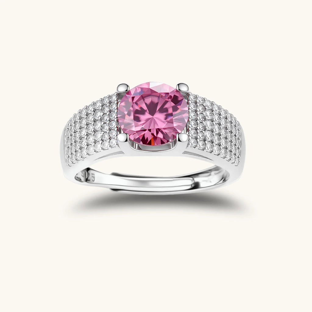 Anointed Garments adjustable ring featuring a round pink moissanite stone set in platinum-plated 925 sterling silver.