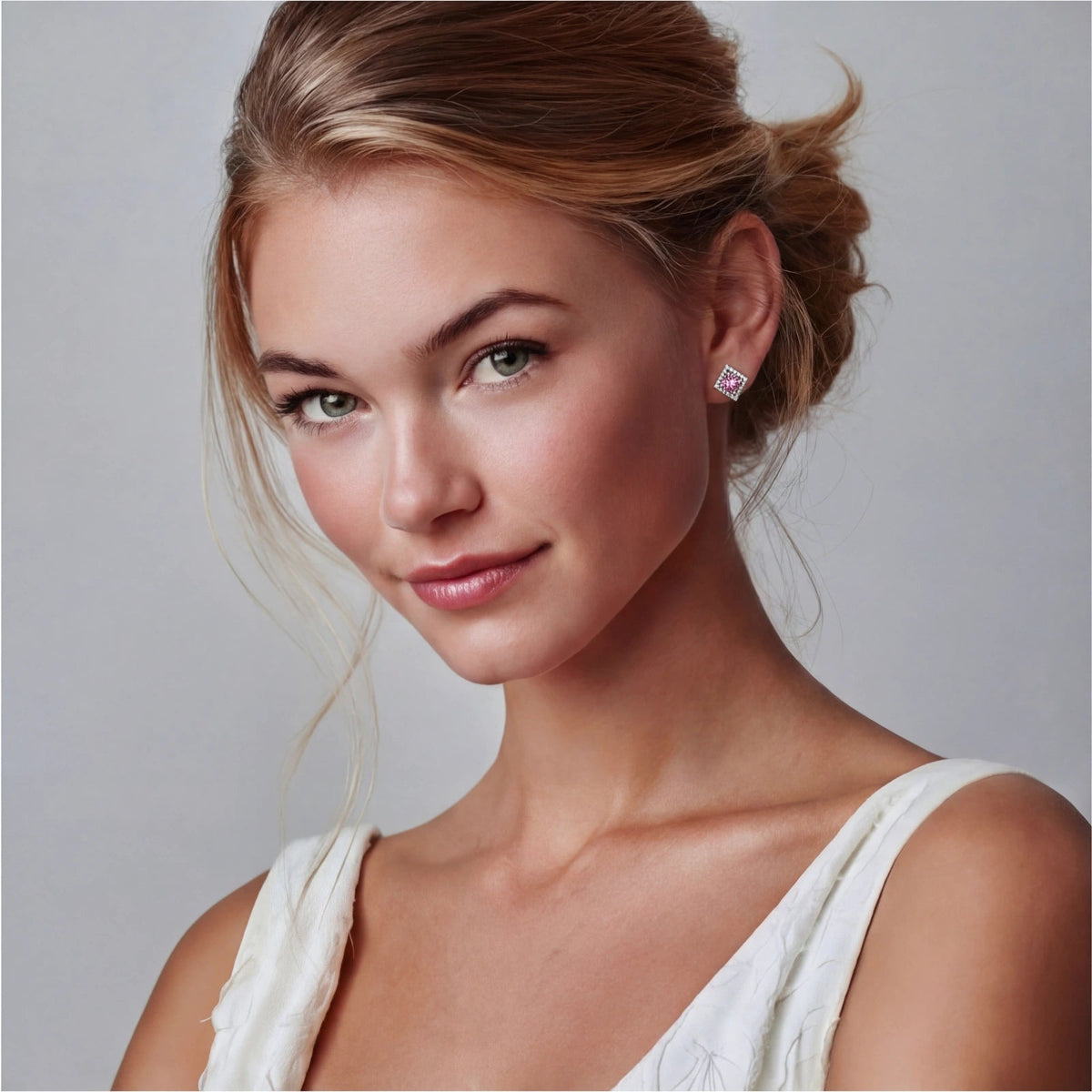 Anointed Garments pink moissanite stud earrings worn by a woman with blonde hair in a bun against a neutral background.
