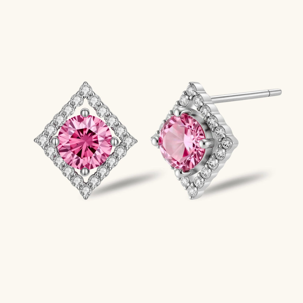 Anointed Garments pink moissanite stud earrings featuring a round-cut stone in a geometric platinum-plated silver frame.