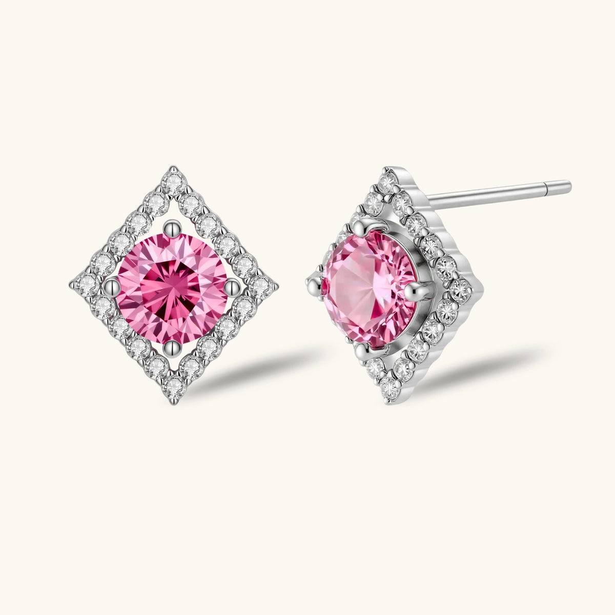 Anointed Garments pink moissanite stud earrings featuring a round-cut stone in a geometric platinum-plated silver frame.