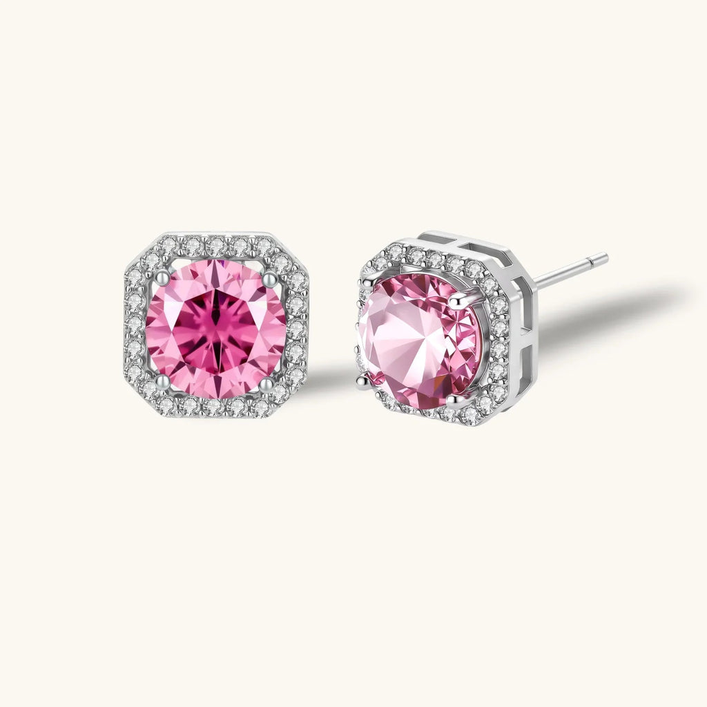 Anointed Garments Blush Halo stud earrings featuring round pink moissanite in platinum-plated 925 sterling silver.
