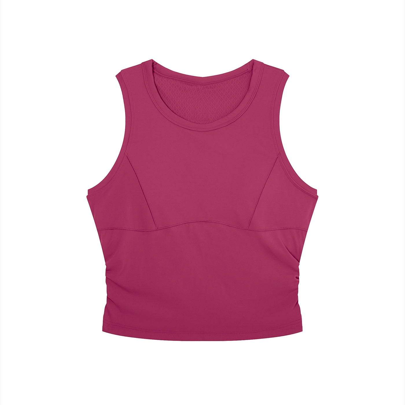 Anointed Garments sleeveless performance crop top in dark pink with a round neck and moisture-wicking fabric