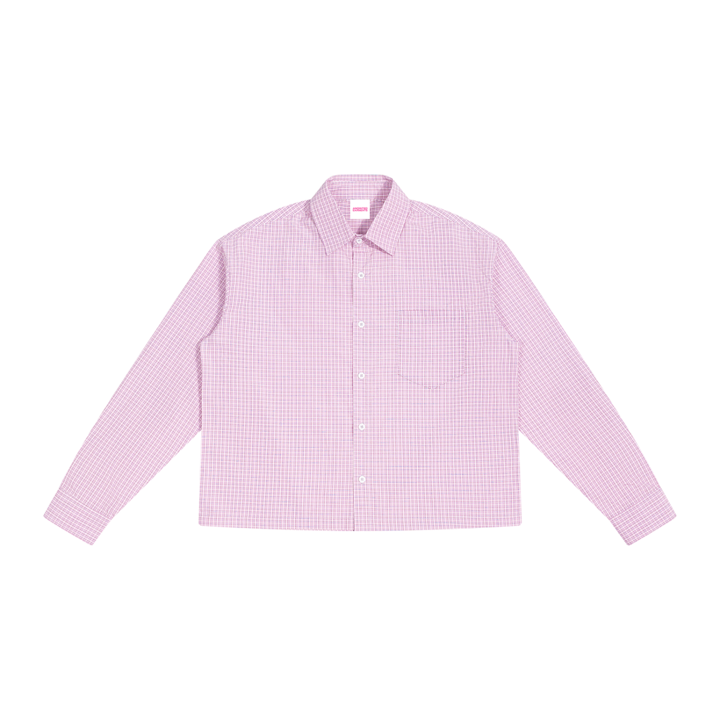 Anointed Garments unisex pink plaid long sleeve shirt with a boxy fit, drop shoulders, and a front patch pocket.