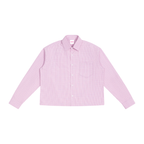 Anointed Garments unisex pink plaid long sleeve shirt with a boxy fit, drop shoulders, and a front patch pocket.