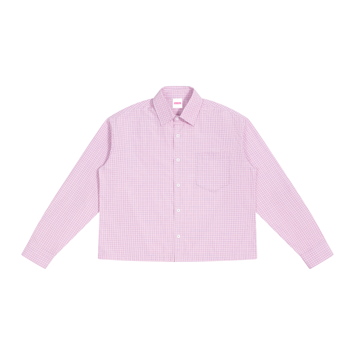 Anointed Garments unisex pink plaid long sleeve shirt with a boxy fit, drop shoulders, and a front patch pocket.