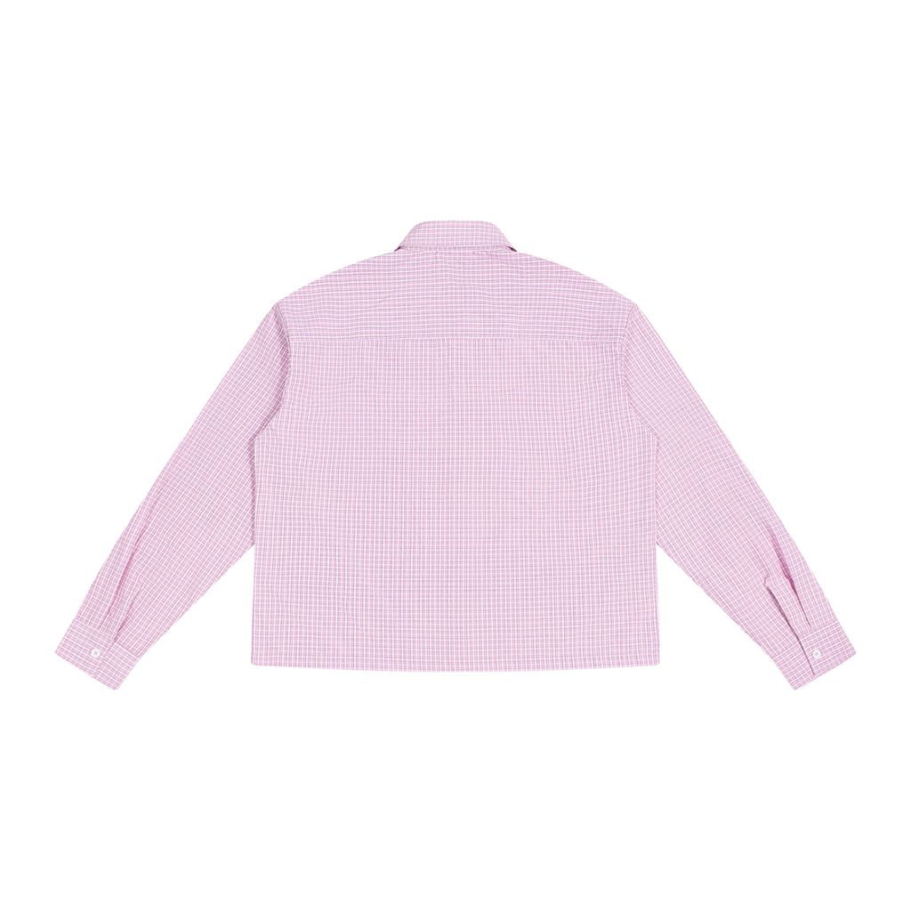 Anointed Garments unisex long sleeve shirt in a light pink plaid pattern with a relaxed boxy fit and drop shoulders.