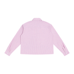 Anointed Garments unisex long sleeve shirt in a light pink plaid pattern with a relaxed boxy fit and drop shoulders.