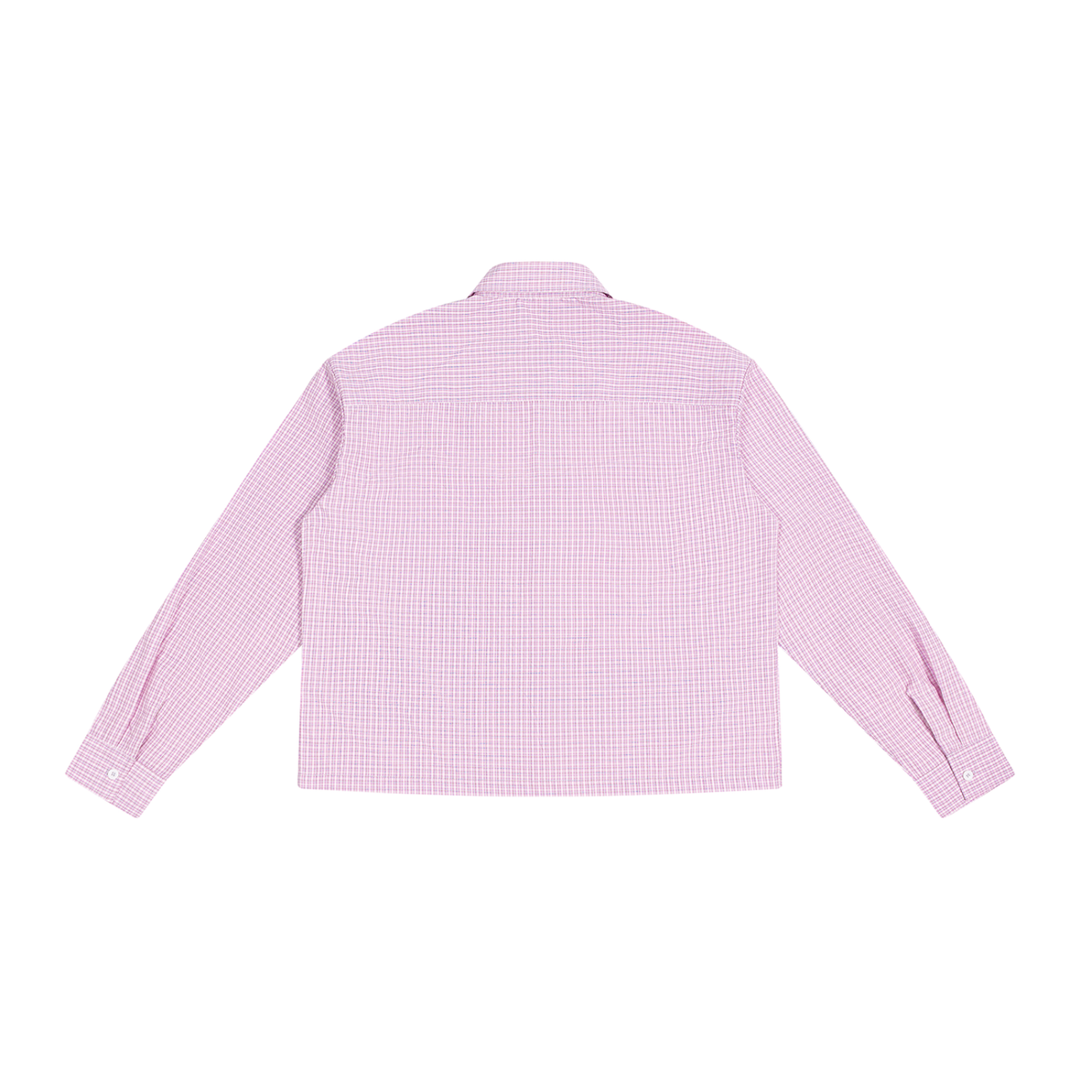 Anointed Garments unisex long sleeve shirt in a light pink plaid pattern with a relaxed boxy fit and drop shoulders.