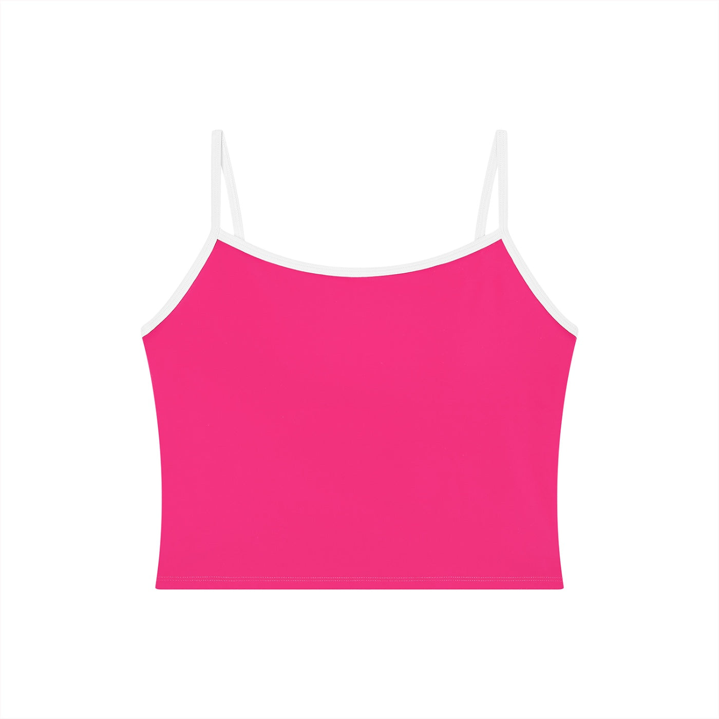 Anointed Garments women's hot pink essential spaghetti strap crop top with white trim in a soft nylon spandex blend.