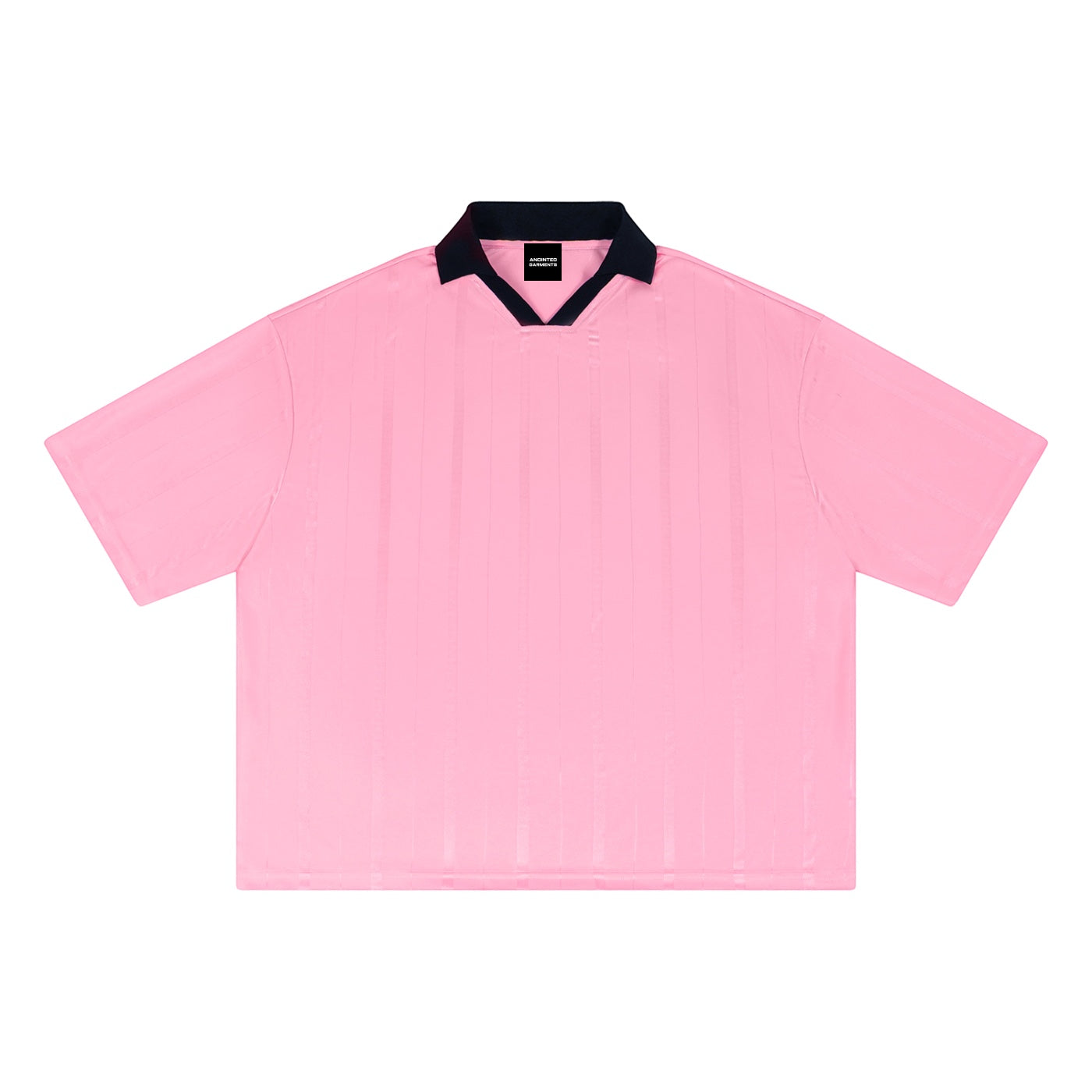 Anointed Garments unisex pink striped soccer jersey with a black lapel collar and oversized drop shoulder fit.