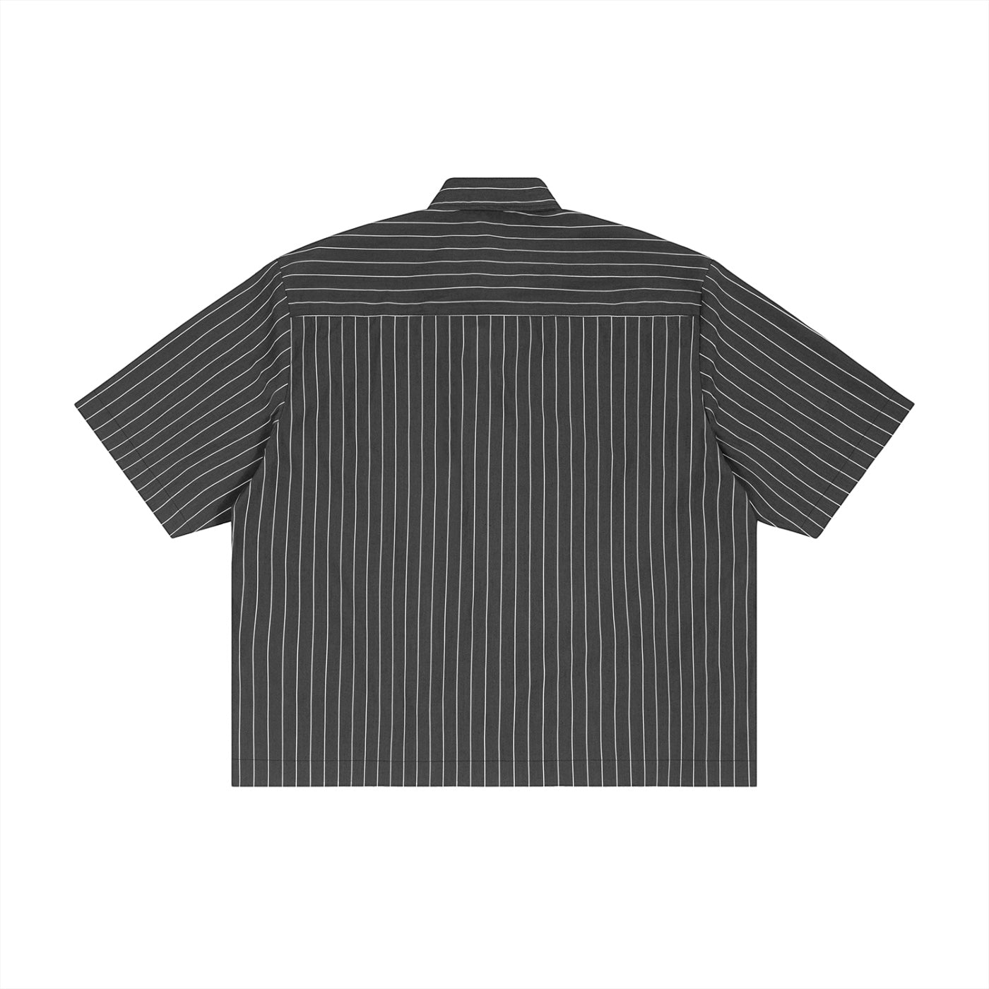 Back view of an Anointed Garments short sleeve pinstripe button down shirt in dark grey with a relaxed fit.