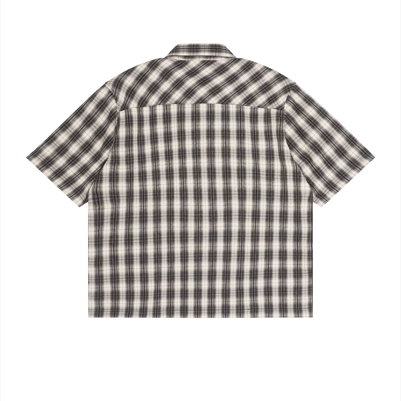 Back view of an Anointed Garments unisex short sleeve shirt in a black and white plaid pattern with a boxy fit.