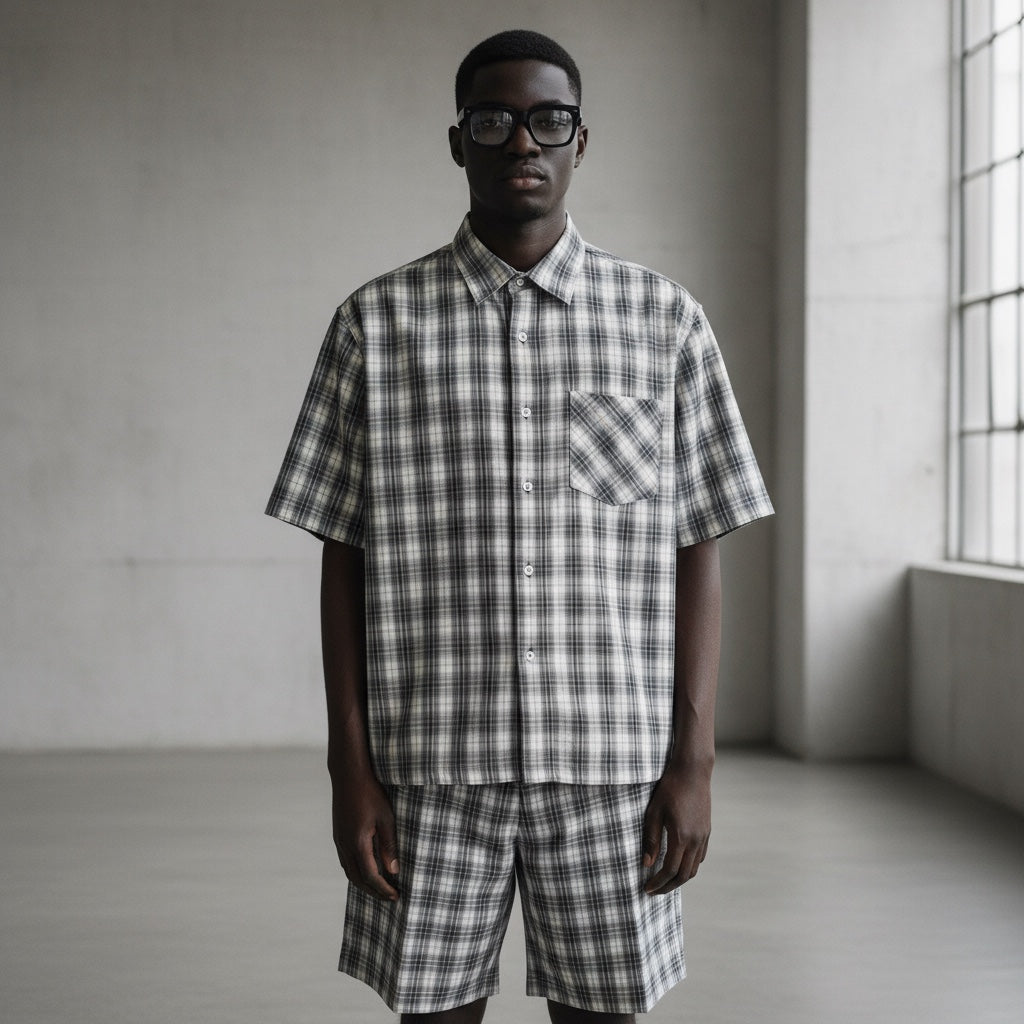 Anointed Garments model wearing a grey and white plaid short sleeve button down shirt with a chest pocket.