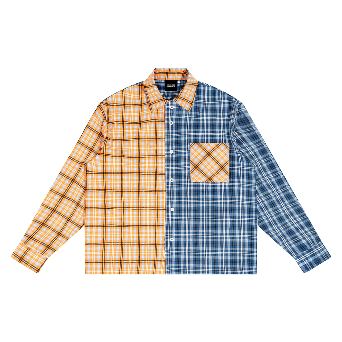 Anointed Garments unisex oversized long sleeve shirt featuring a yellow and blue plaid color block design.