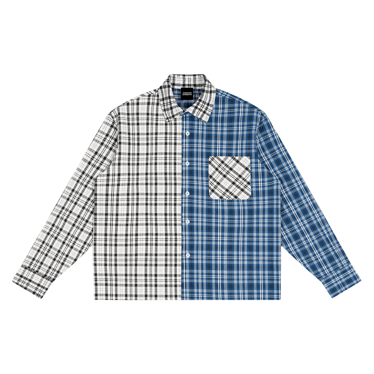 Anointed Garments unisex oversized long sleeve shirt featuring a black-and-white and blue plaid color-block design.