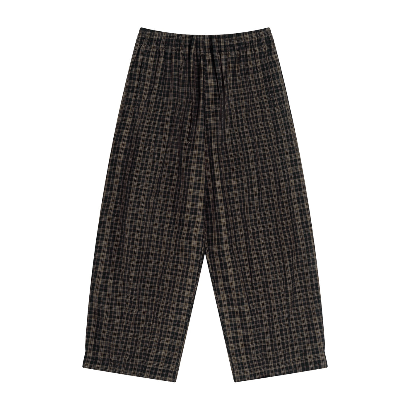 Anointed Garments plaid trousers in dark brown with a comfortable elastic drawstring waistband and relaxed straight-leg fit.