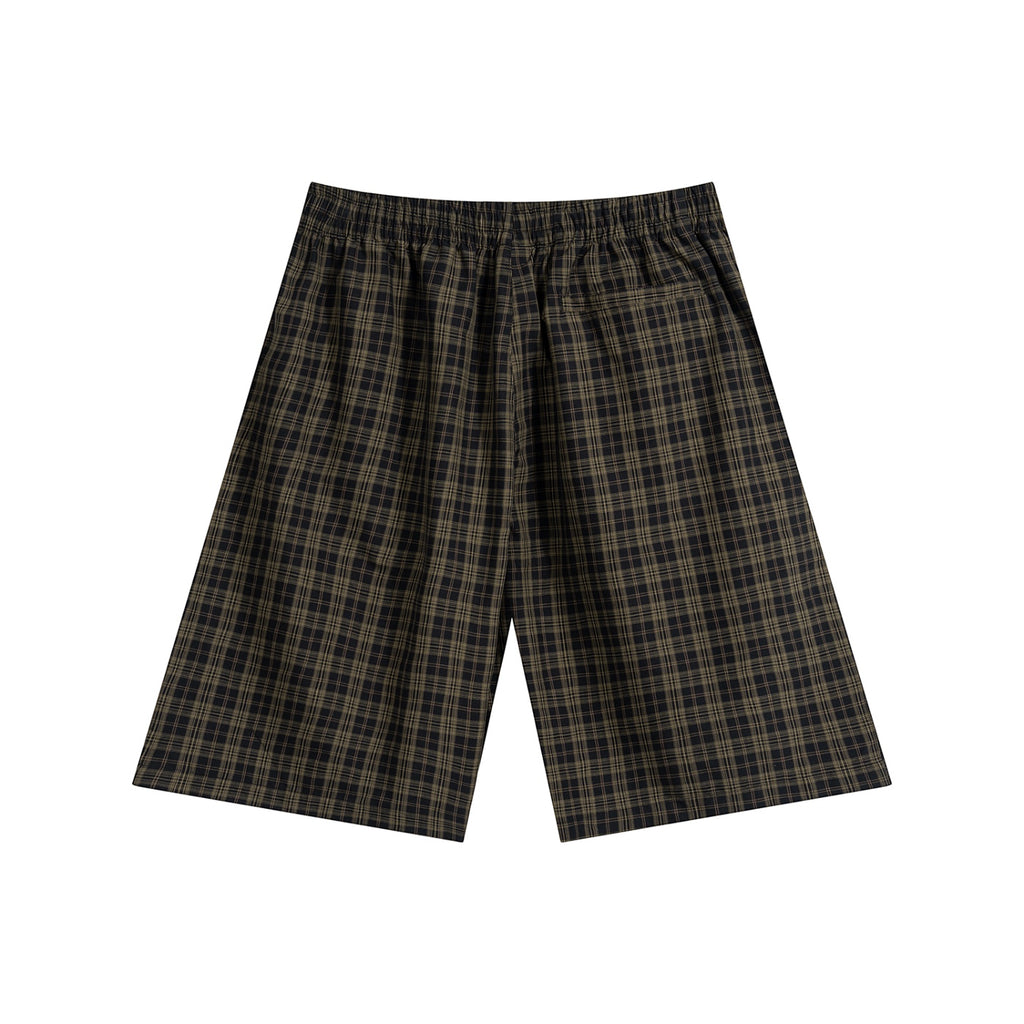 Anointed Garments unisex casual plaid shorts in dark brown and black cotton blend with an elastic waistband.