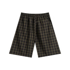 Anointed Garments unisex casual plaid shorts in dark brown and black cotton blend with an elastic waistband.