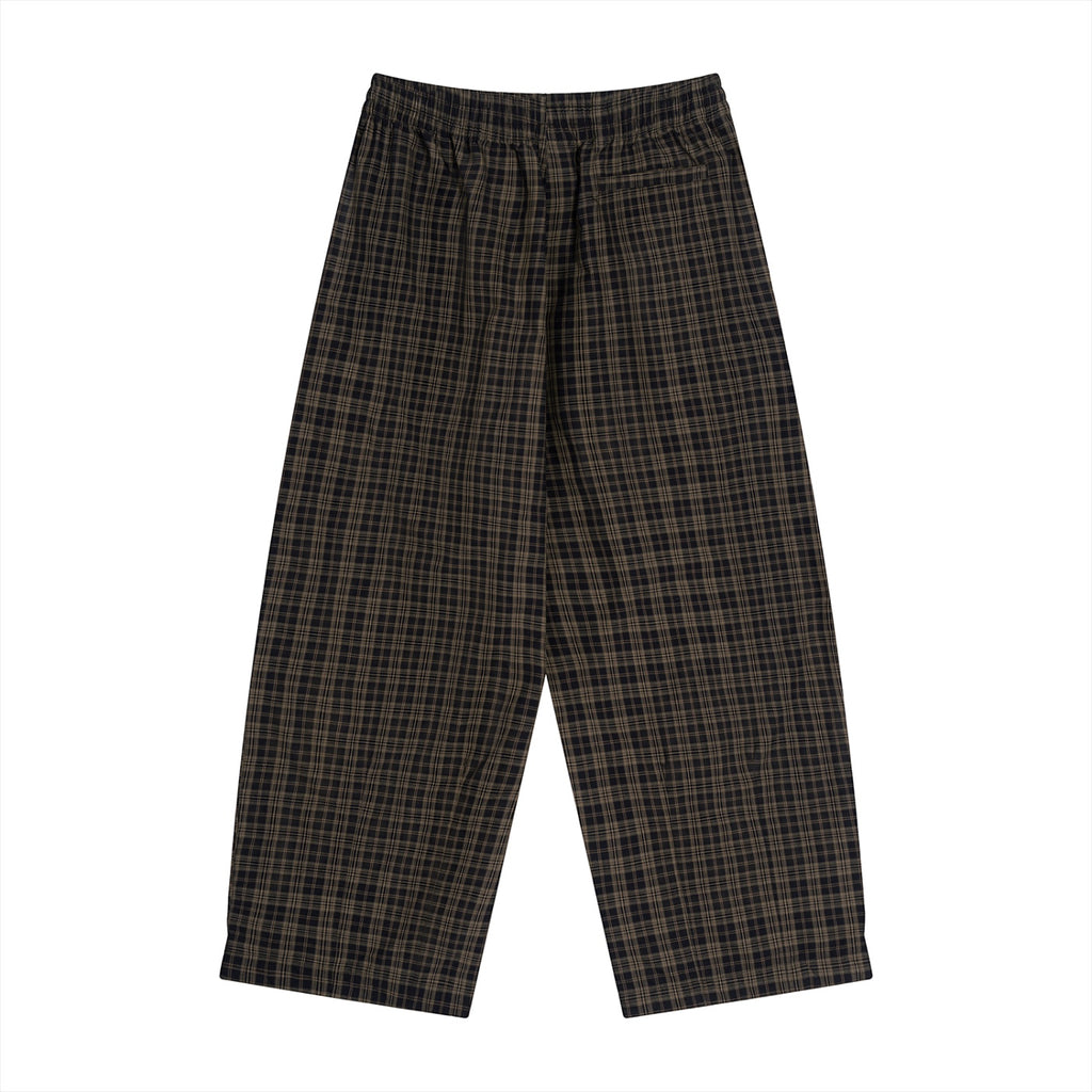 Anointed Garments unisex plaid trousers in dark brown with a comfortable elastic waistband and relaxed straight-leg fit.