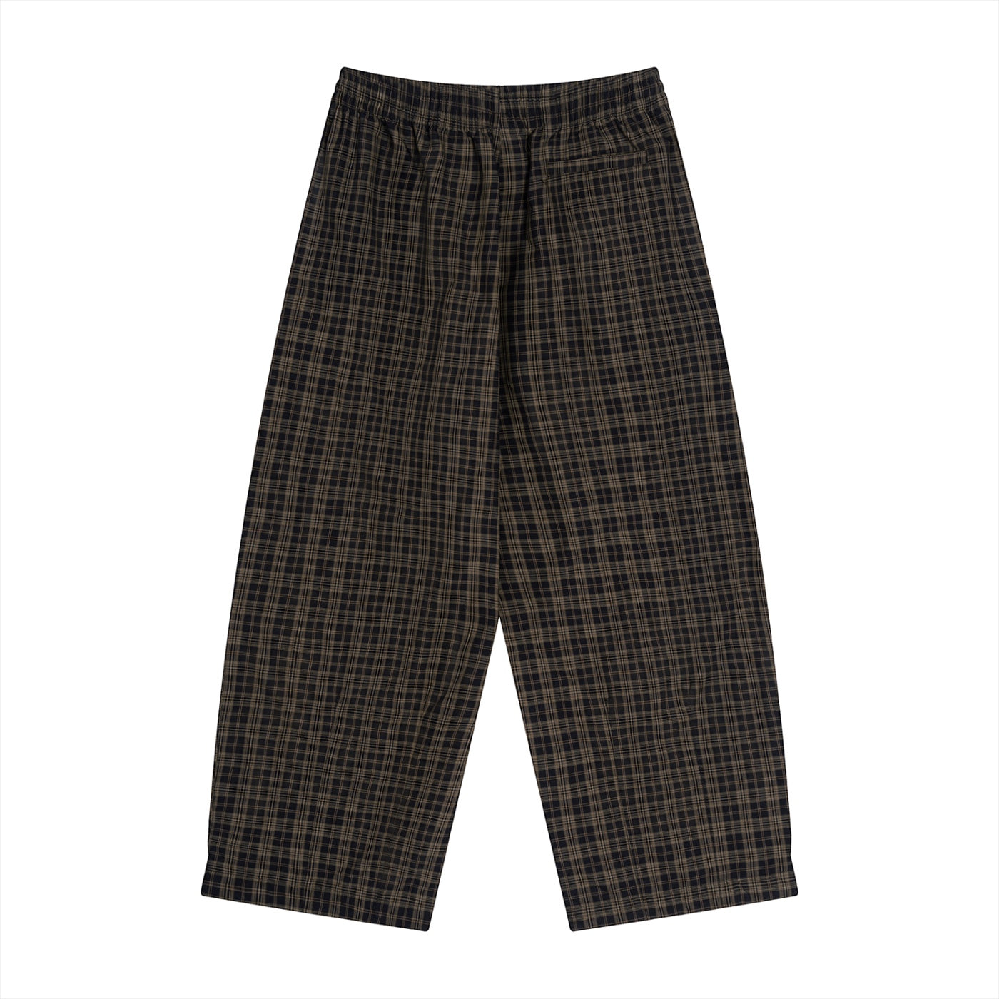Anointed Garments unisex plaid trousers in dark brown with a comfortable elastic waistband and relaxed straight-leg fit.