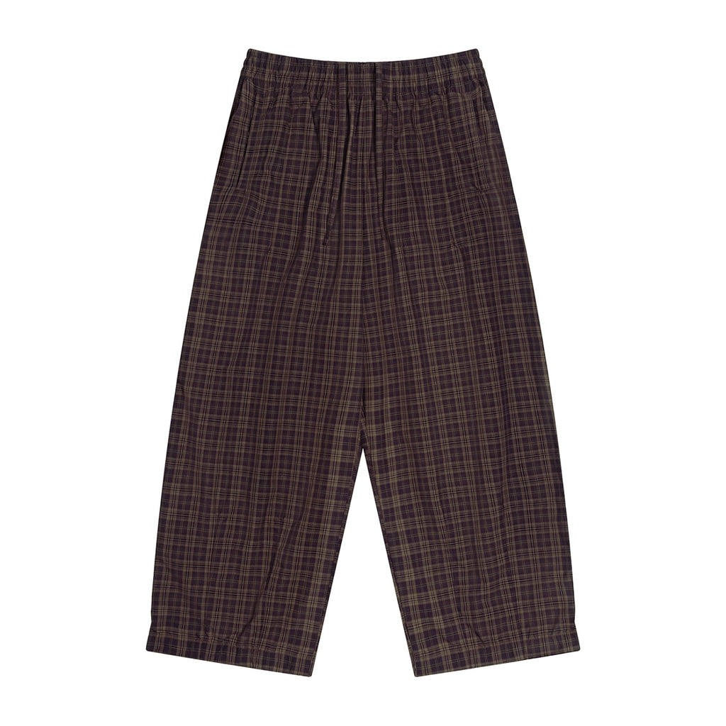 Anointed Garments unisex plaid trousers in dark brown with a comfortable elastic waistband and relaxed straight-leg fit.