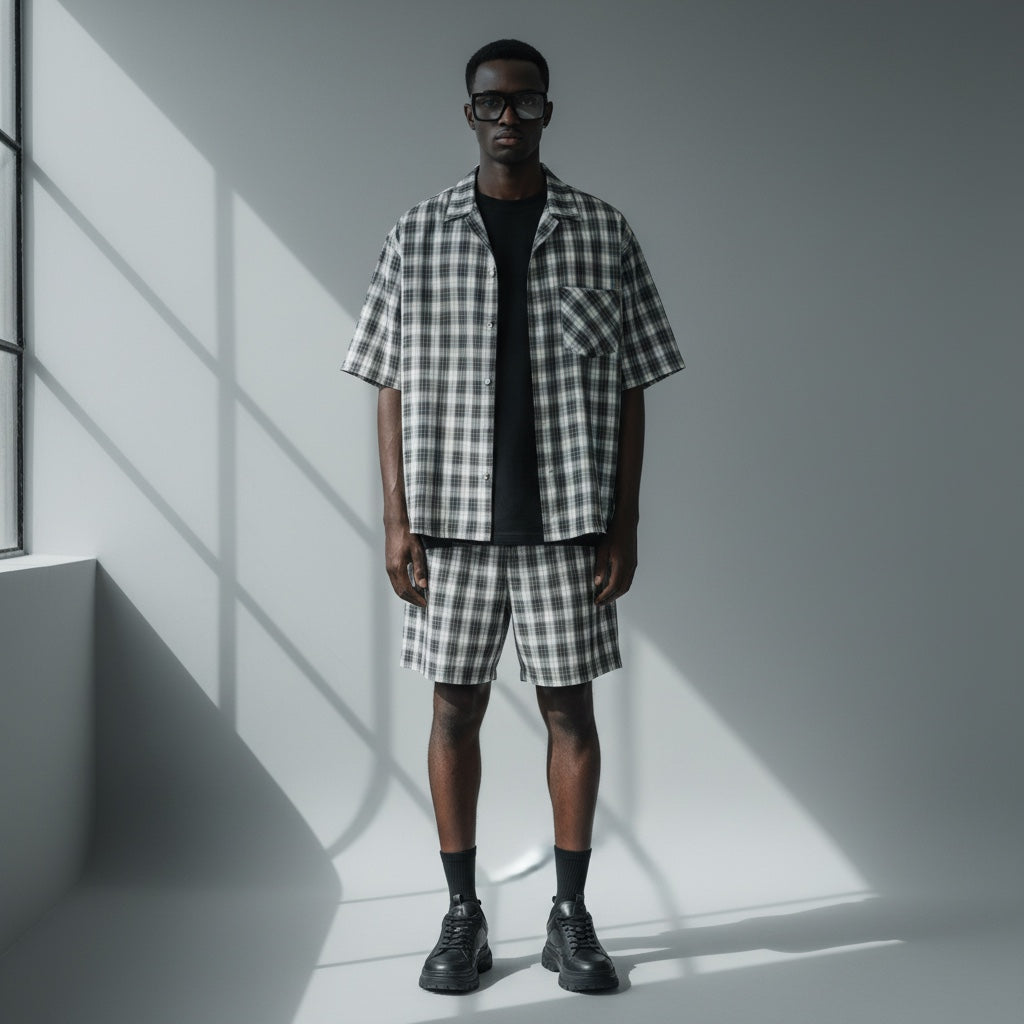 Anointed Garments model wearing a grey and white plaid short sleeve button down shirt and matching plaid shorts.