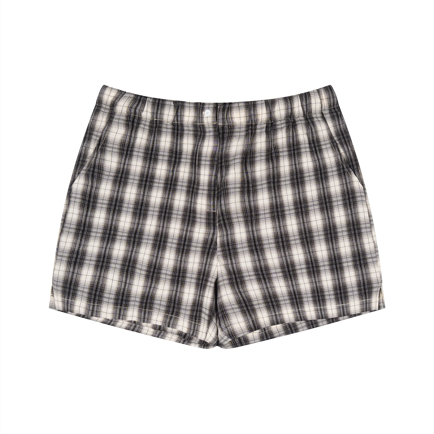 Anointed Garments unisex plaid shorts in black and white with an elastic waist, button detail, and side pockets.