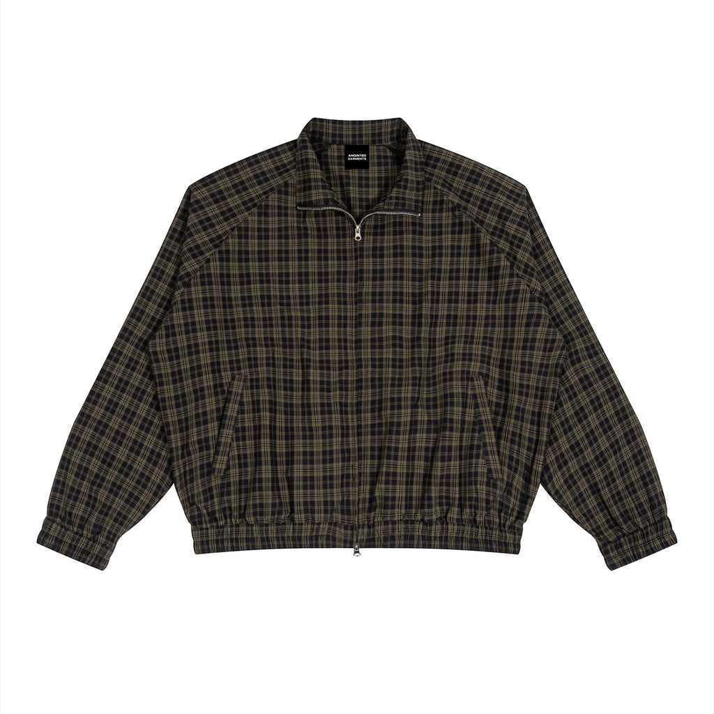 Anointed Garments unisex plaid track jacket in dark brown and black with a full-zip front and stand collar.