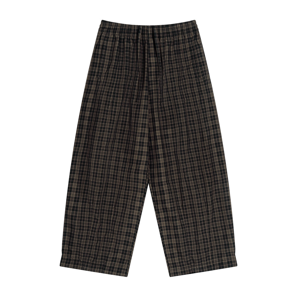 Anointed Garments unisex plaid wide leg pants in dark brown cotton blend with an elastic drawstring waist.