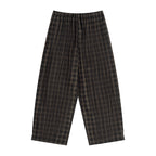 Anointed Garments unisex plaid wide leg pants in dark brown cotton blend with an elastic drawstring waist.