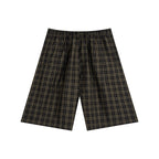 Anointed Garments unisex plaid wide leg shorts in dark brown and black cotton blend with an elastic waist.