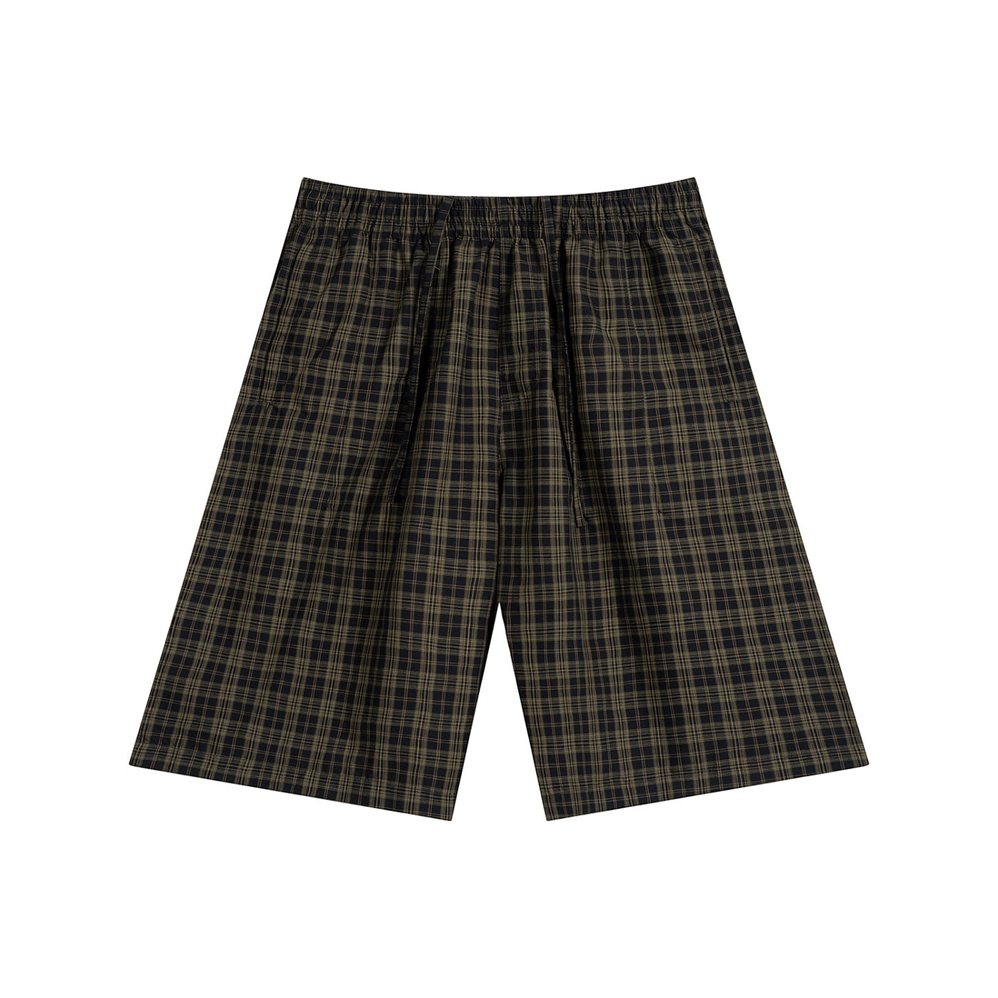 Anointed Garments unisex plaid wide leg shorts in dark brown and black cotton blend with an elastic waist.