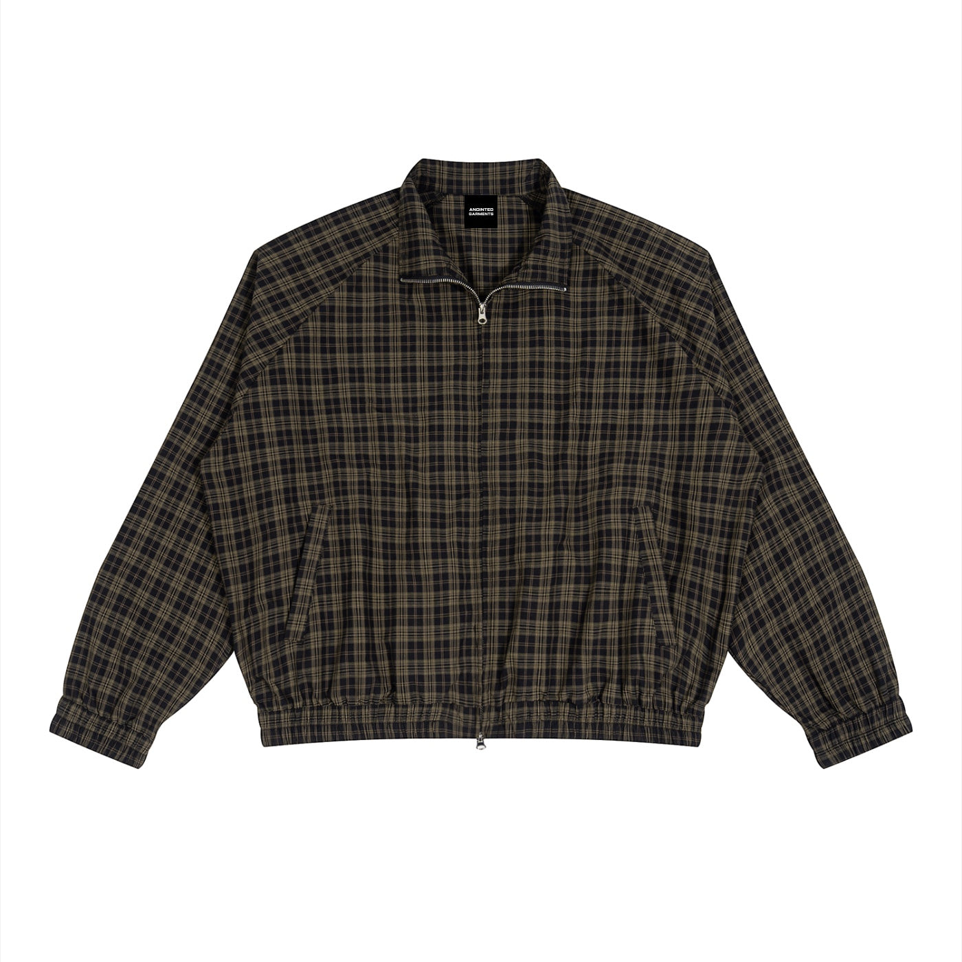 Anointed Garments plaid zip-up jacket with a stand collar, raglan sleeves, and elastic cuffs in a dark brown pattern.