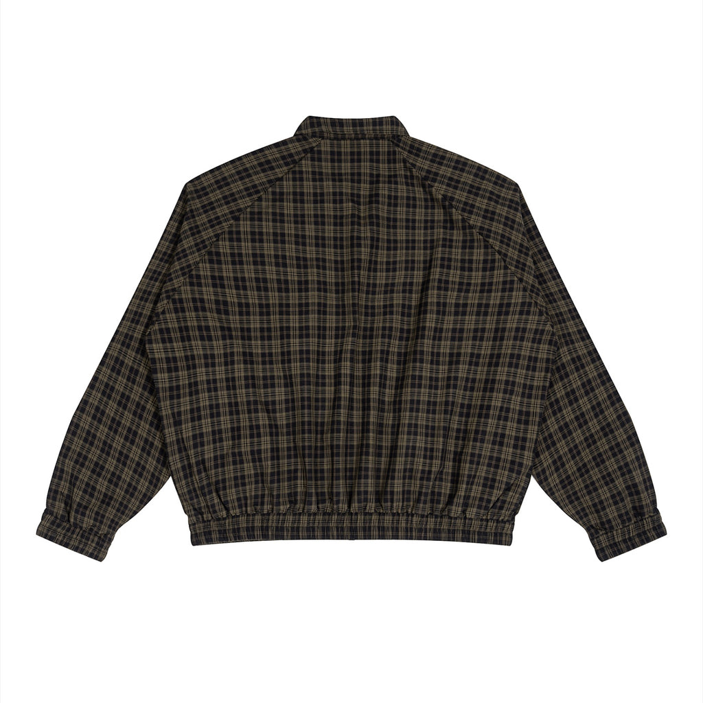 Back view of Anointed Garments plaid zip up jacket in dark brown and black cotton blend with elastic hem and cuffs