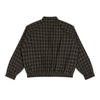 Back view of Anointed Garments plaid zip up jacket in dark brown and black cotton blend with elastic hem and cuffs